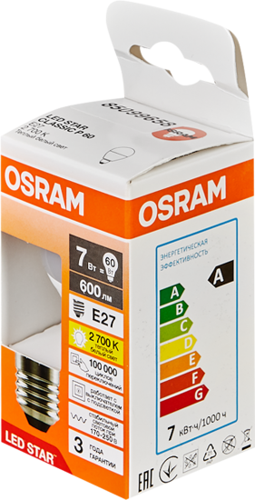 Лампа светодиодная Osram шар 7Вт 600Лм E27 теплый белый свет