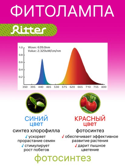 Фитосветильник линейный светодиодный Ritter Planta 56296 2 10Вт 572мм провод 2м с выключателем на корпусе цвет белый