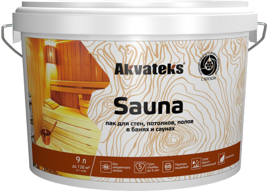 Лак для стен, потолков и полов в банях акрилатный Akvateks Sauna цвет прозрачный полуматовый 9 л
