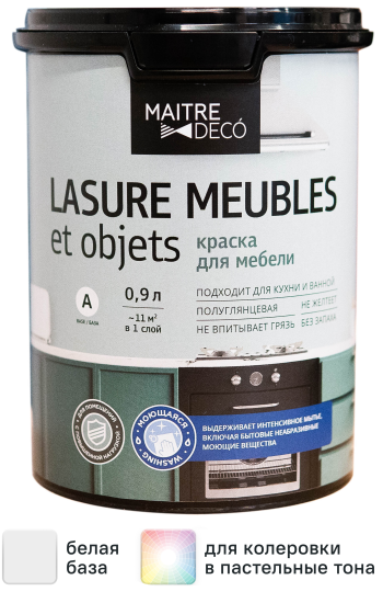 Краска для мебели Maitre Deco Lasure полуглянцевая цвет белый 0.9 л