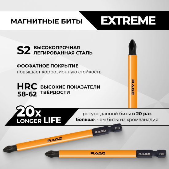 Бита магнитная Rage 554136 PH2x100 мм, 2 шт.