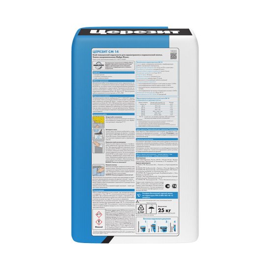 Клей для плитки/ керамогранита/ камня Церезит СМ 14 усиленный с армирующими волокнами серый класс C2 T 25 кг