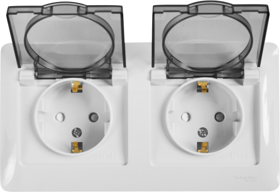 Розетка двойная встраиваемая влагозащищенная Systeme Electric Glossa с заземлением со шторками IP44 в сборе цвет белый