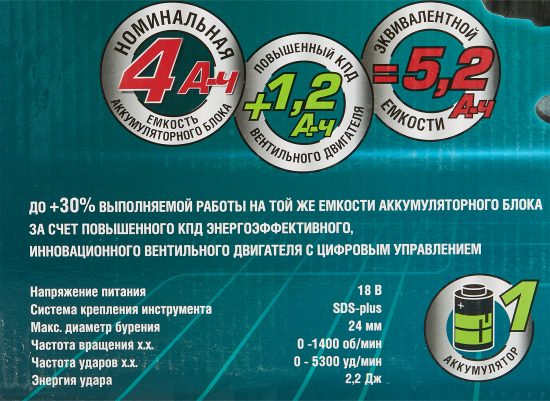 Перфоратор аккумуляторный бесщеточный SDS-plus Интерскол ПА-24/18В, 18 В Li-Ion 4 Ач, 2.2 Дж