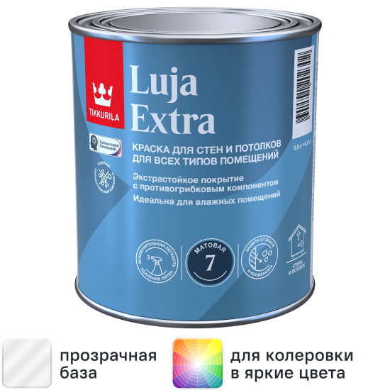 Краска для стен и потолков экстра-стойкая Tikkivala Luja Extra моющаяся матовая прозрачная база С 0.9 л
