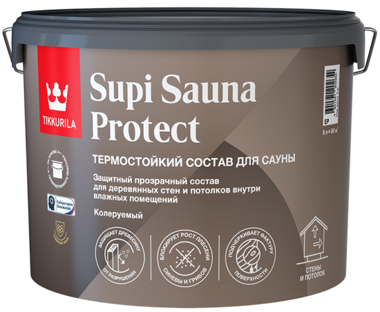 Защитный состав для стен в сауне Tikkivala Supi Sauna Protect База EP бесцветный полуматовый 9 л
