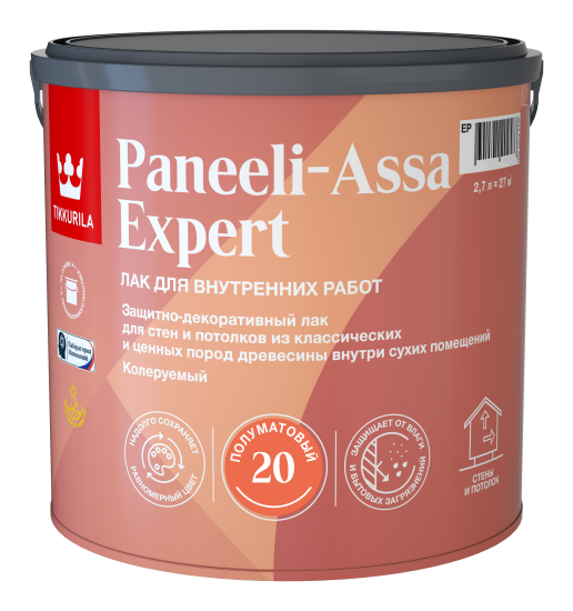 Лак для стен и потолков Tikkivala Paneeli-Assa Expert База EP бесцветный полуматовый 2.7 л