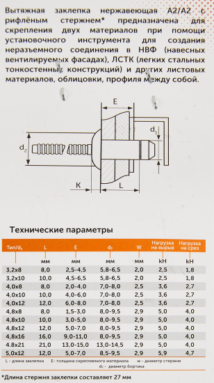 Заклепка вытяжная нержавеющая сталь 4.8x8 мм 50 шт.