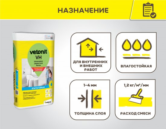 Шпаклевка цементная влагостойкая Vetonit VH 20 кг
