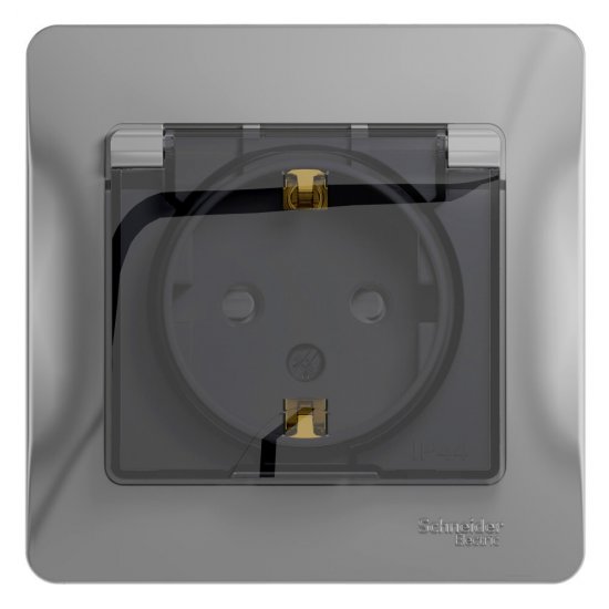 Розетка встраиваемая влагозащищенная Systeme Electric Glossa с заземлением с крышкой и шторками IP44 цвет алюминий