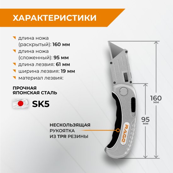 Нож строительный универсальный Rage 19 мм складной