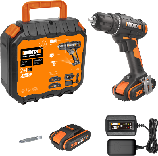 Дрель-шуруповерт аккумуляторная Worx WX100.3, 20 В Li-ion 2x2 Ач