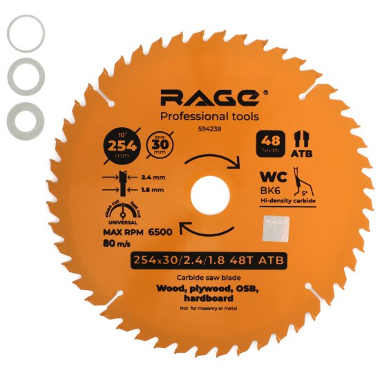 Диск пильный по дереву Rage 48Т 254x30x2.4 мм, кольца 25.4/20/16