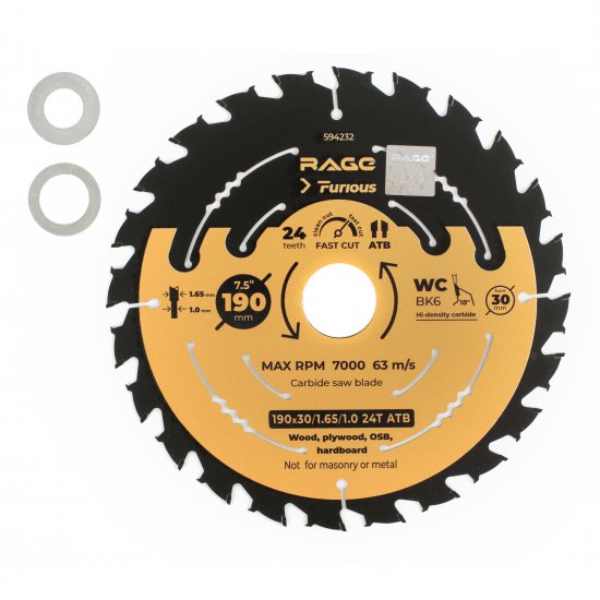 Диск пильный по дереву Rage Furious 24Т 190x30x1.65 мм, кольца 20/16