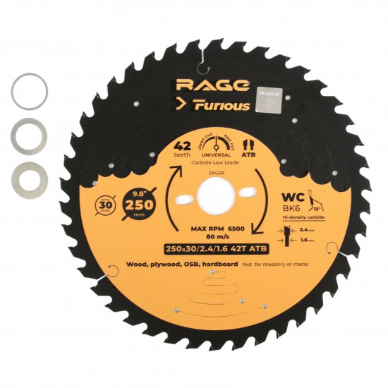 Диск пильный по дереву Rage Furious 42Т 250x30x2.4 мм, кольца 25.4/20/16