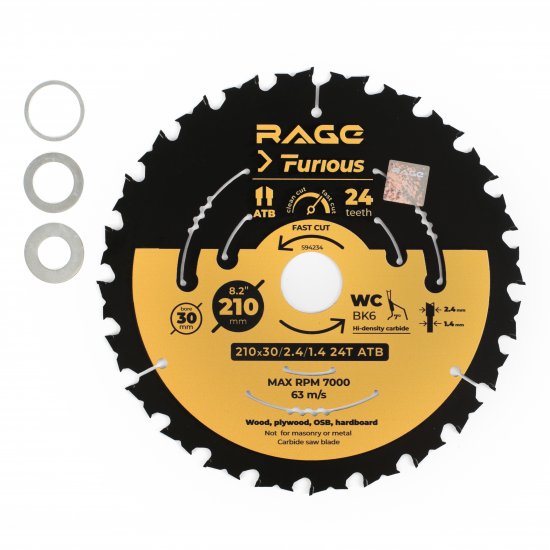 Диск пильный по дереву Rage Furious 24Т 210x30x2.4 мм, кольца 25.4/20/16