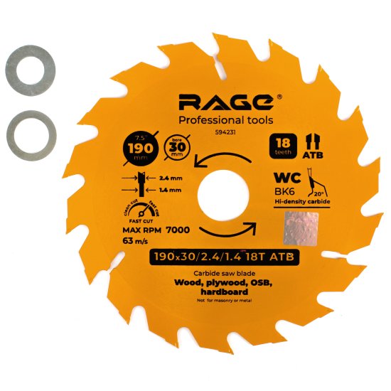 Диск пильный по дереву Rage 18Т 190x30x2.4 мм, кольца 20/16