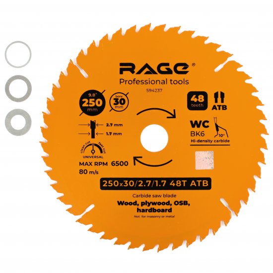 Диск пильный по дереву Rage 48Т 250x30x2.7 мм, кольца 25.4/20/16