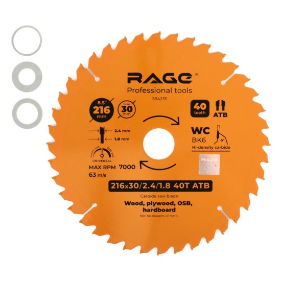 Диск пильный по дереву Rage 40Т 216x30x1.8 мм, кольца 25.4/20/16