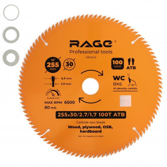 Диск пильный по дереву Rage 100Т 255x30x2.7 мм, кольца 25.4/20/16