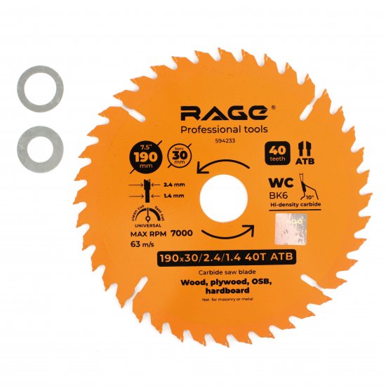 Диск пильный по дереву Rage 40Т 190x30x2.4 мм, кольца 20/16