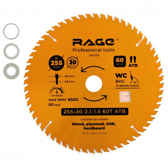 Диск пильный по дереву Rage 60Т 255x30x2.1 мм, кольца 25.4/20/16