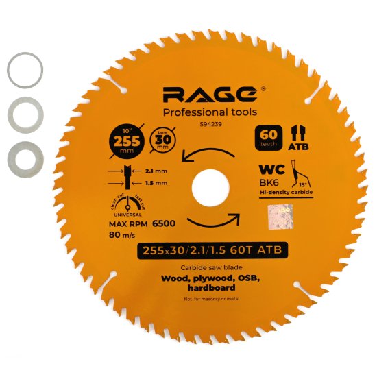 Диск пильный по дереву Rage 60Т 255x30x2.1 мм, кольца 25.4/20/16