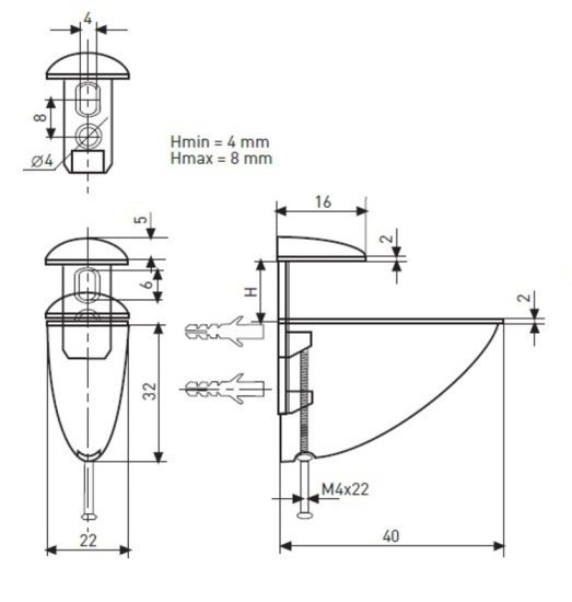 Полкодержатель Пеликан Jet 4x22 мм цинк цвет хром