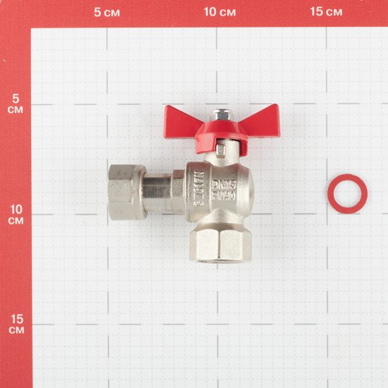 Кран шаровой латунный Valtec Base 1/2 ВР(г) х 1/2 ВР(г) бабочка с накидной гайкой угловой (VT.266.N.0404)