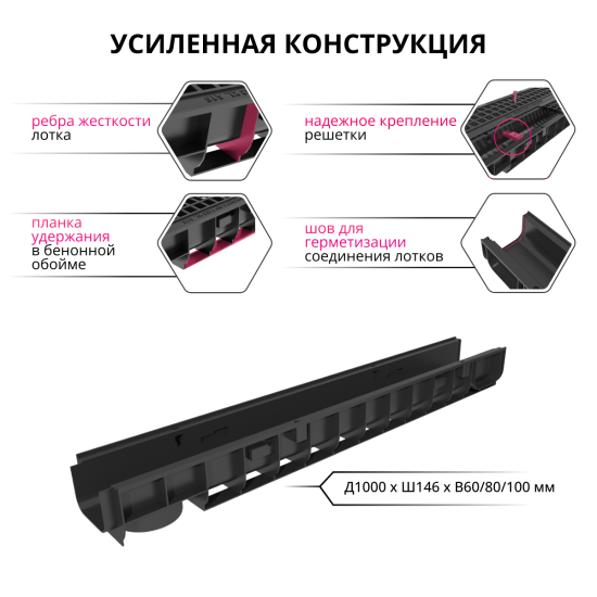 Канал пластиковый DN100 1000x145x80 мм