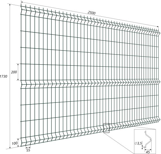3D панель для забора Grand Line Light 2.5x1.73 м оцинкованный зеленый RAL 6005