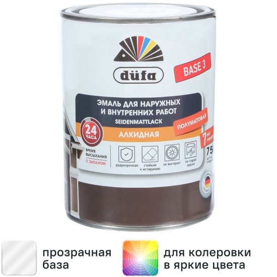 Эмаль универсальная Dufa полуматовая прозрачная база 3 0.75л