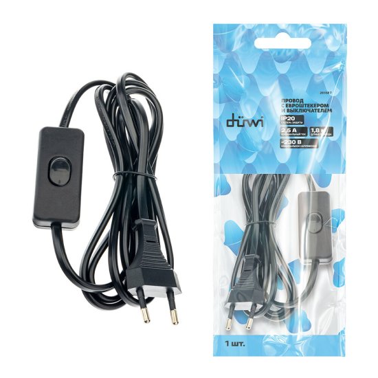 Кабель для светильника Duwi IP20 230 В 1,8 м с выключателем черный (28568 7)
