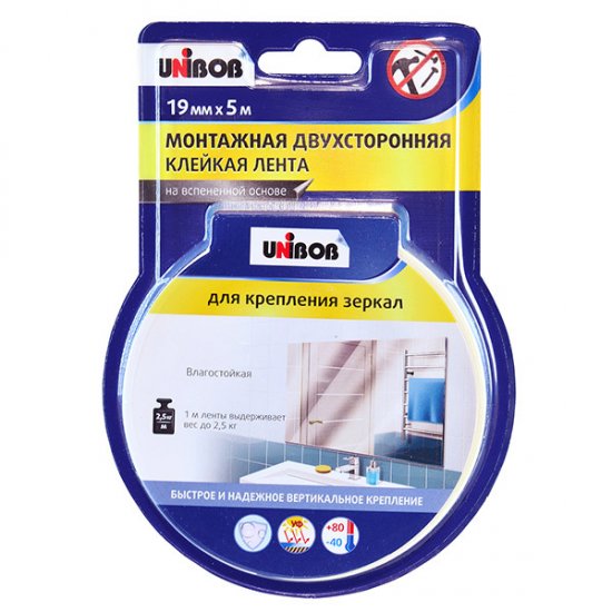 Лента клейкая монтажная для зеркал Unibob двусторонняя 19 мм 5 м