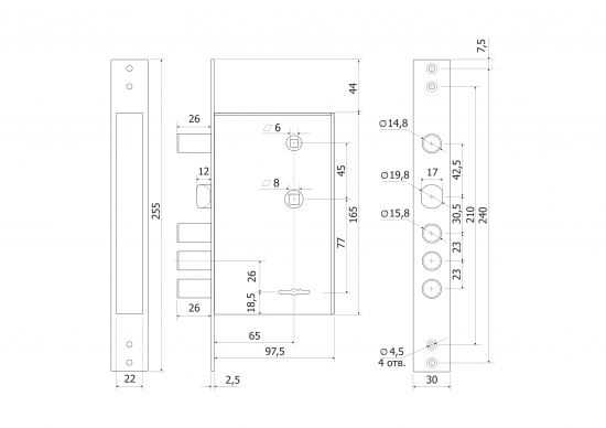 Замок врезной сувальдный Гардиан-3012, цвет хром