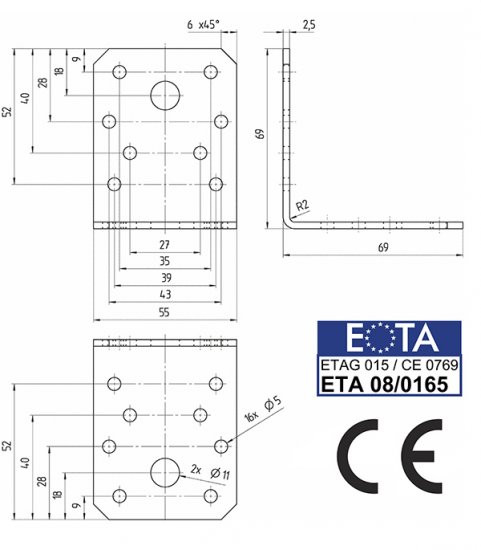 Уголок крепежный оцинкованный 70х70х55х2.5 мм GAH ALBERTS