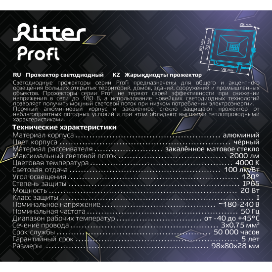 Прожектор светодиодный уличный Ritter Profi 53415 4 20 Вт 2000 Лм 180-240В нейтральный белый свет 4000К IP65 черный