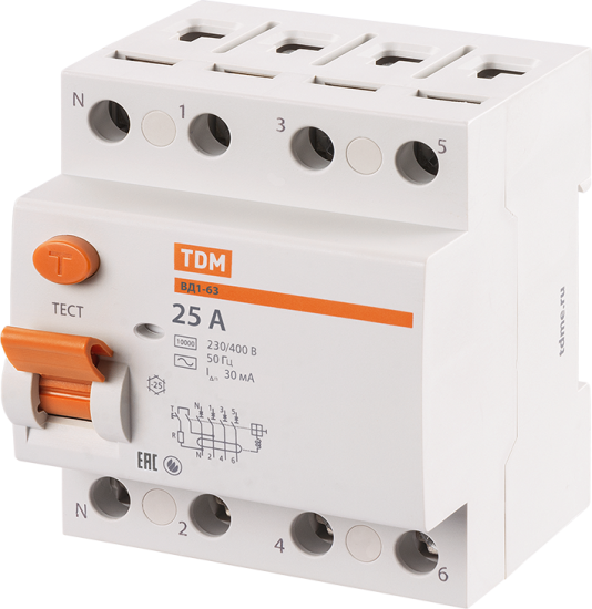 УЗО Tdm Electric ВД1-63 4P 25 A 30 мА 4.5 кА AC SQ0203-0032