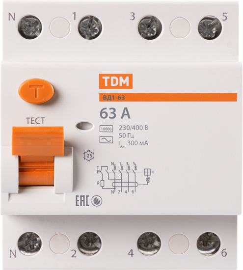 УЗО Tdm Electric ВД1-63 4P 63 A 300 мА 4.5 кА AC SQ0203-0043