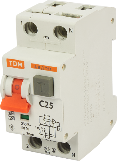 Дифференциальный автомат Tdm Electric АВДТ-63 1P N C25 A 30 мА 6 кА A SQ0202-0004