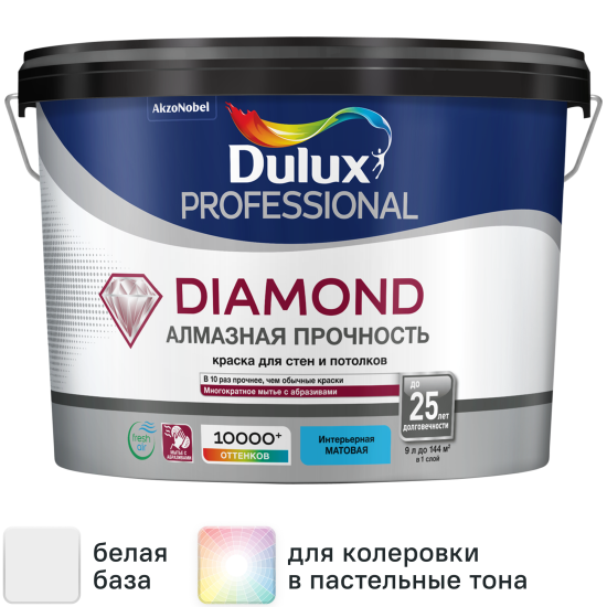 Краска для стен и потолков Dulux Professional Diamond Matt моющаяся матовая цвет белый база А 9 л