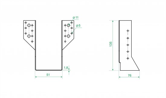 Опора бруса раскрытая OBR R 51x135x1.8