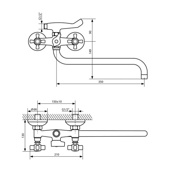 Смеситель для ванны Lavelly Simple хром двухвентильный с длинным изливом с лейкой (672192)