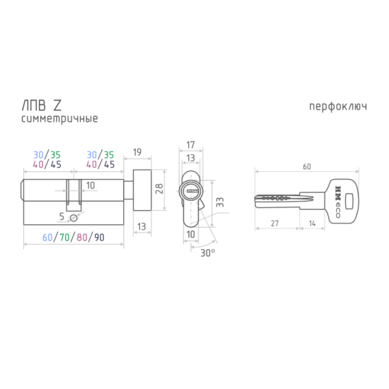 Цилиндр для замка с ключом 30x30 мм цвет черный