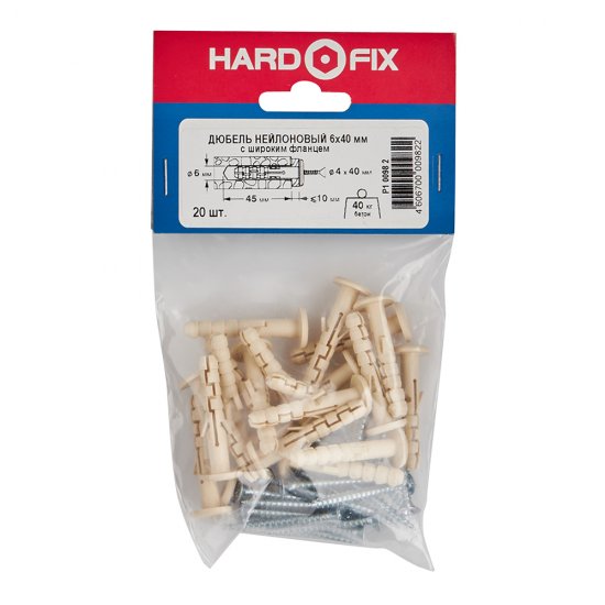 Дюбель распорный Hard-Fix PND-6F 6x40 мм нейлон с шурупом широкий фланец (20 шт.)
