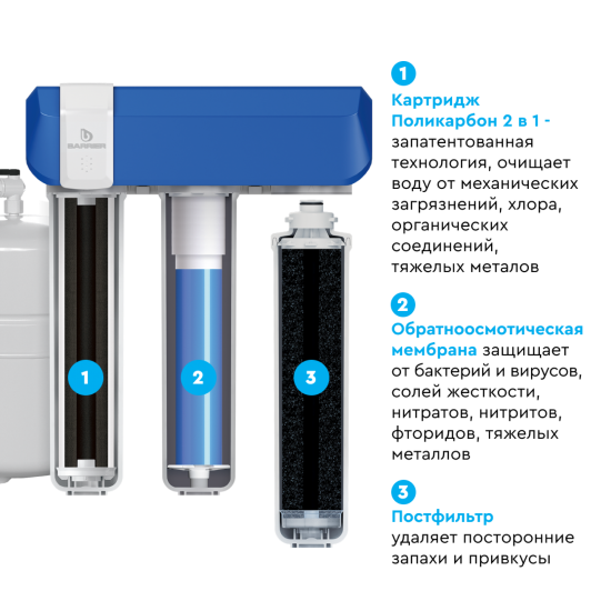 Система обратного осмоса Барьер Compact OSMO 100 быстросъемный 3 ступени бак 12 л кран в комплекте