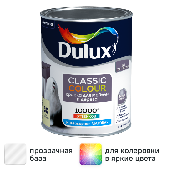 Краска для мебели и дерева Dulux Classic Colour моющаяся матовая прозрачная 0.9 л