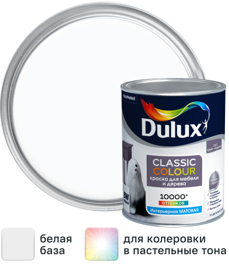 Краска для мебели и дерева Dulux Classic Colour моющаяся матовая цвет белый база А 1 л