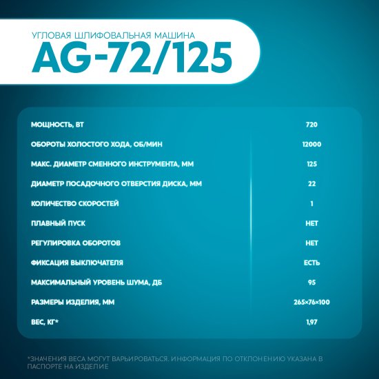 УШМ сетевая Oasis AG-72/125, 720 Вт, 125 мм