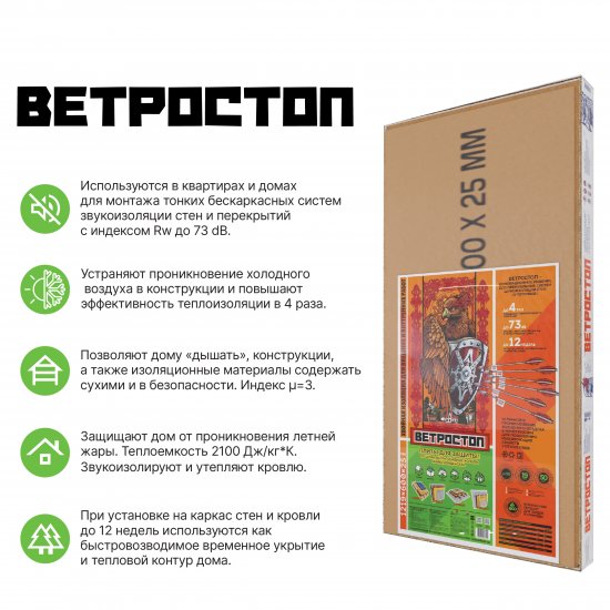 Тепло-Шумоизоляция для внешних и внутренних работ Ветростоп 1219x600x25 мм 2.1 м²